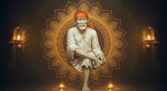 Serene Portrait of Sai Baba Depicting Faith and Spiritual Aura of Devotion