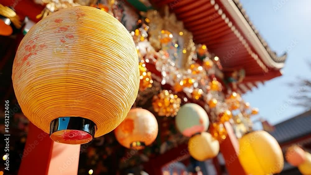 Poster close-up of vibrant yellow paper lanterns hanging in front of a traditional red and gold structure w