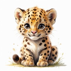 Obraz premium Ilustración infantil estilo acuarela de un leopardo o tigre sobre fondo blanco.