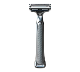 A silver razor with a black handle