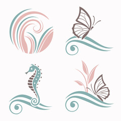 Nature Themed Vector Illustrations Featuring Seahorse Butterfly And Wave Elements