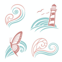 Graphic Vector Set With Lighthouse Butterfly Waves In Pastel Color Tones