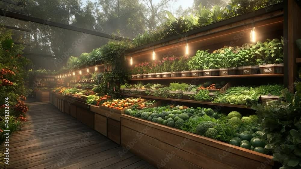 Poster an abundance of fresh produce including various vegetables and fruits arranged in wooden display cas
