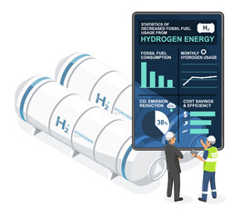 engineers analyzing infographic on hydrogen energy efficiency and fossil fuel reduction near hydrogen storage tanks © AllahFoto