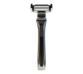 A silver razor with a black handle