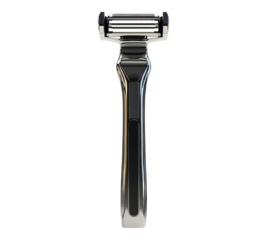 A silver razor with a black handle