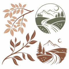 Nature Landscape Tree Mountain Logos Vector Illustration Set For Graphic Design