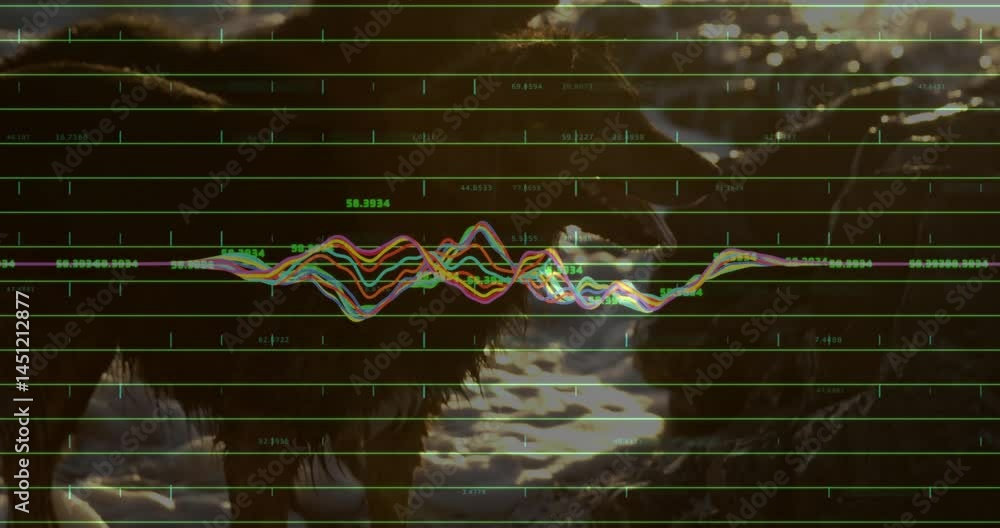 Poster multicolored waveform overlaying green grid over rippling water displaying data labels along curves