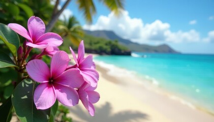 Vibrant purple flowers bloom near a tranquil Hawaiian beach , beautiful, relaxation, flora