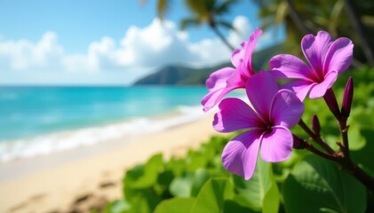 Vibrant purple flowers bloom near a tranquil Hawaiian beach , paradise, exotic