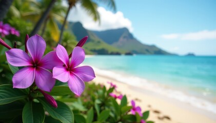 Vibrant purple flowers bloom near a tranquil Hawaiian beach , tropical flowers, purple flowers, island