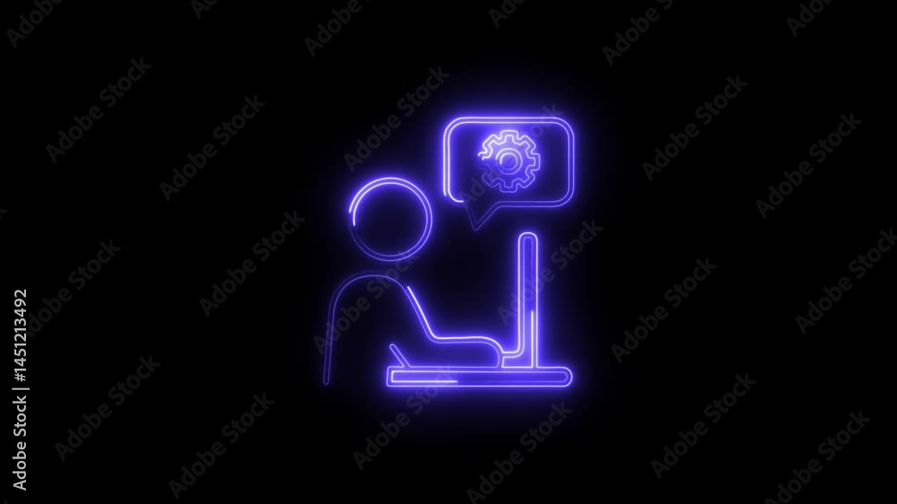 Poster neon style icon of software development engineer working on computer solving problems