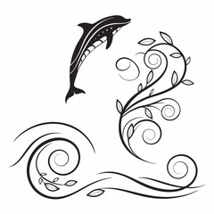 Elegant Dolphin Illustration With Swirling Wave And Floral Elements In Black