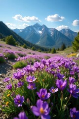 Obraz premium Vibrant purple wildflowers carpet Sierra Nevada spring landscape , spring landscape, scenic view, flora photography