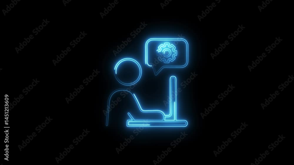 Poster neon person working on computer software development concept animation