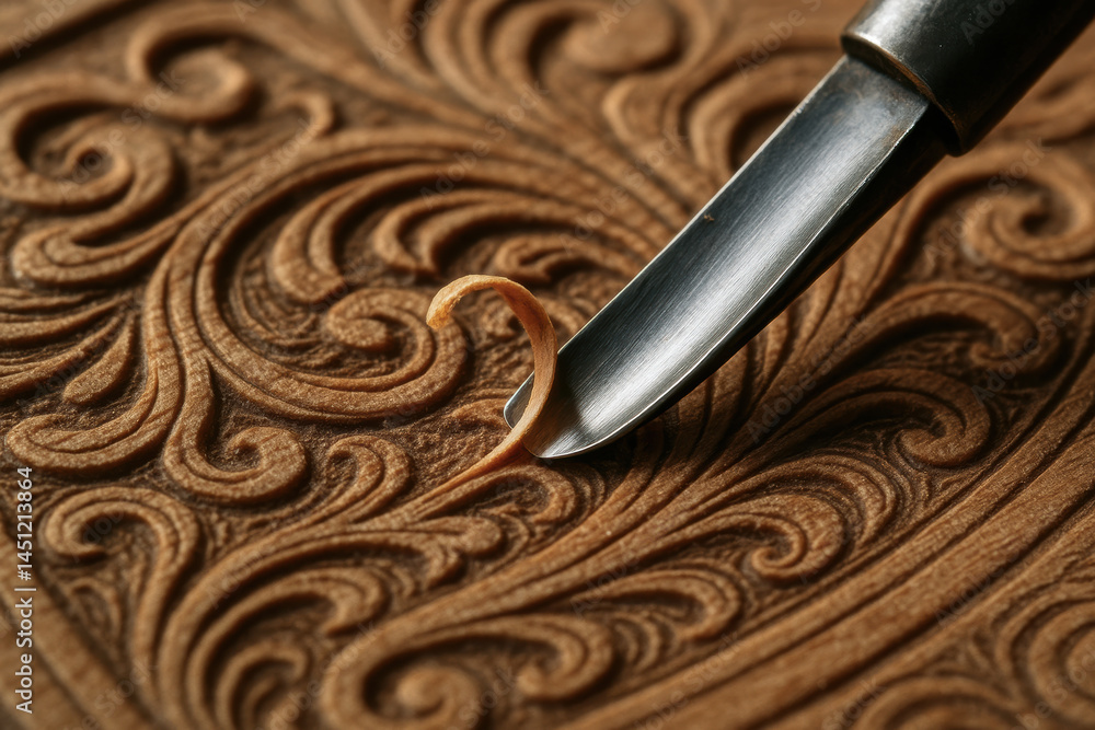 Poster woodwork detail with carving tool in workshop creating intricate patterns on wood with skill and pre