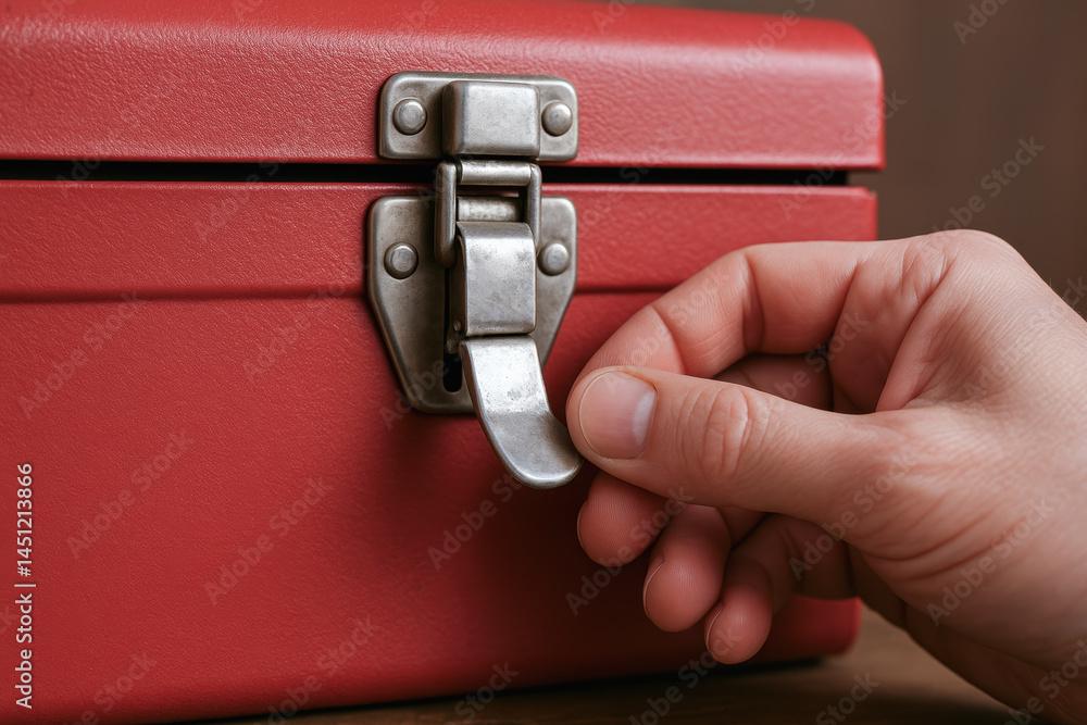 Poster hand is opening red toolbox latch in workshop setting where woodwork tools are likely stored for eas