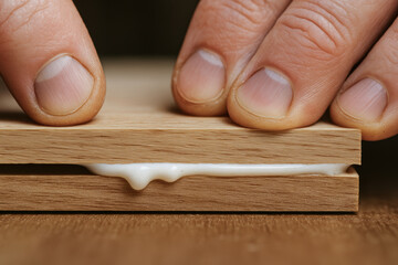 Woodwork glue is applied between two wooden pieces in workshop as hands press them together for bonding and crafting projects
