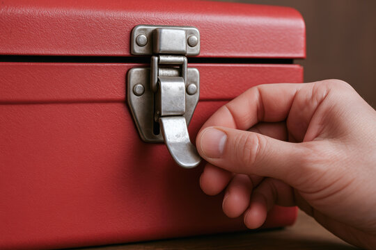 Hand is opening red toolbox latch in workshop setting where woodwork tools are likely stored for easy access and organization
