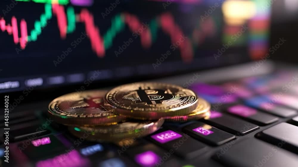 Poster close-up of coins on laptop keyboard with blurred financial chart background representing cryptocurr