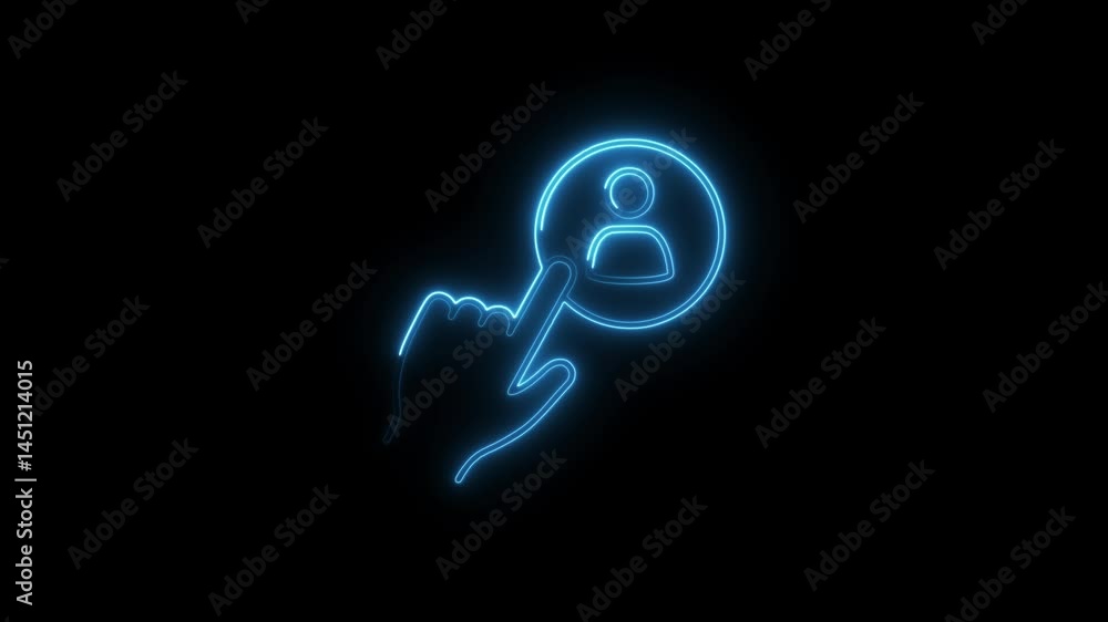 Poster neon style user profile click animation on black background glowing finger touches profile icon futu