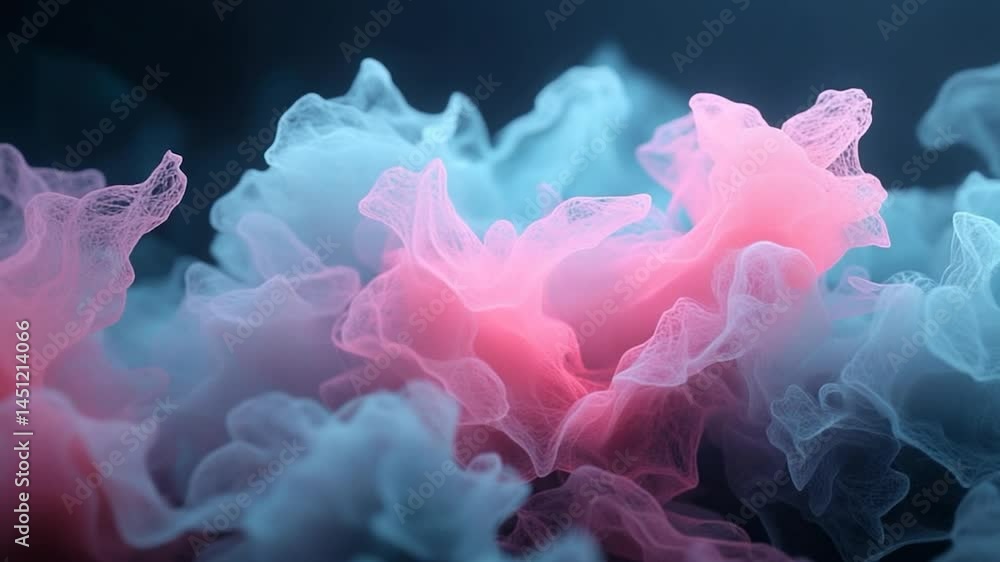 Fototapete Abstract animation of pink and cyan smoke-like forms against a dark backdrop. The forms shift and merge creating a fluid and dynamic visual