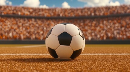Soccer ball on the field of a packed stadium ready for the big game A classic image of a football match
