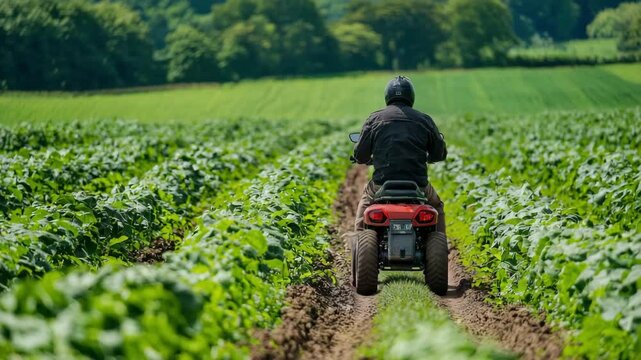 Man riding ATV through green farm field with rows of crop under bright sunny daylight
