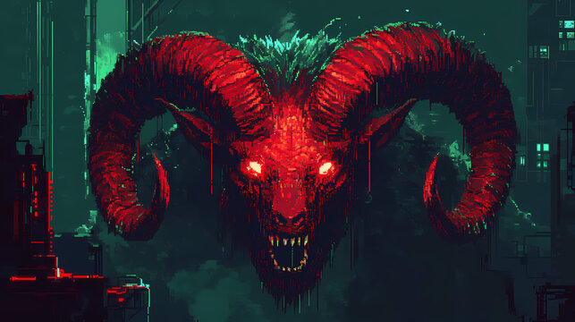 Powerful red ram demon illustration pixel art. [Electric Myths] | Glitch Demons | pixel devils. Illustration