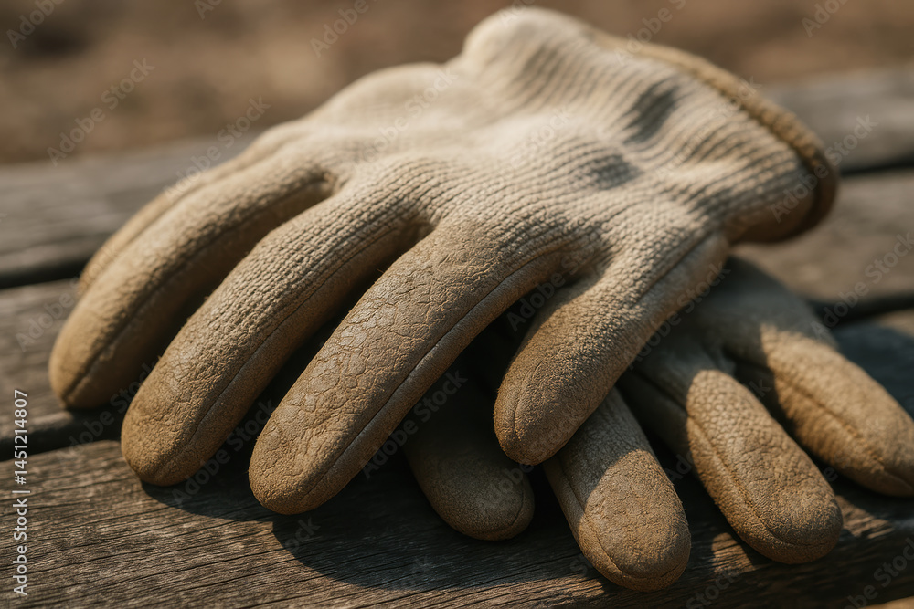 Poster worn work gloves rest on wooden surface in workshop setting highlighting texture and use in woodwork
