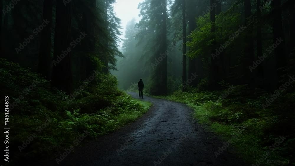 Poster a lone figure walks down a winding path in a dense forest shrouded in mist. lush green foliage lines