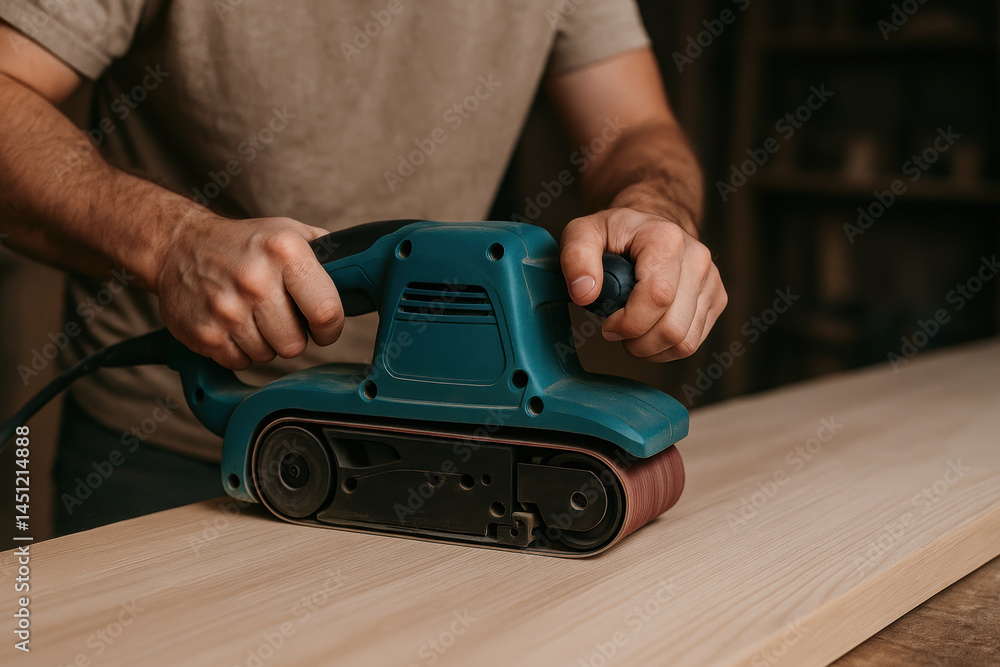 Poster woodwork sanding in workshop with power tool held firmly by hands creating smooth wooden surface wit