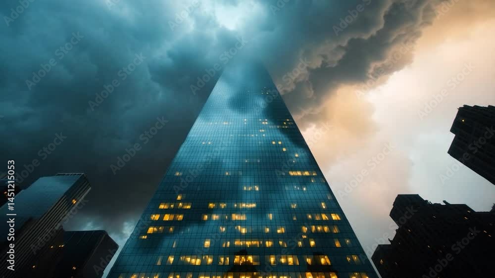 Aufkleber Low-angle view of skyscraper against a dramatic sky. The building has illuminated windows, set against a backdrop of dark clouds