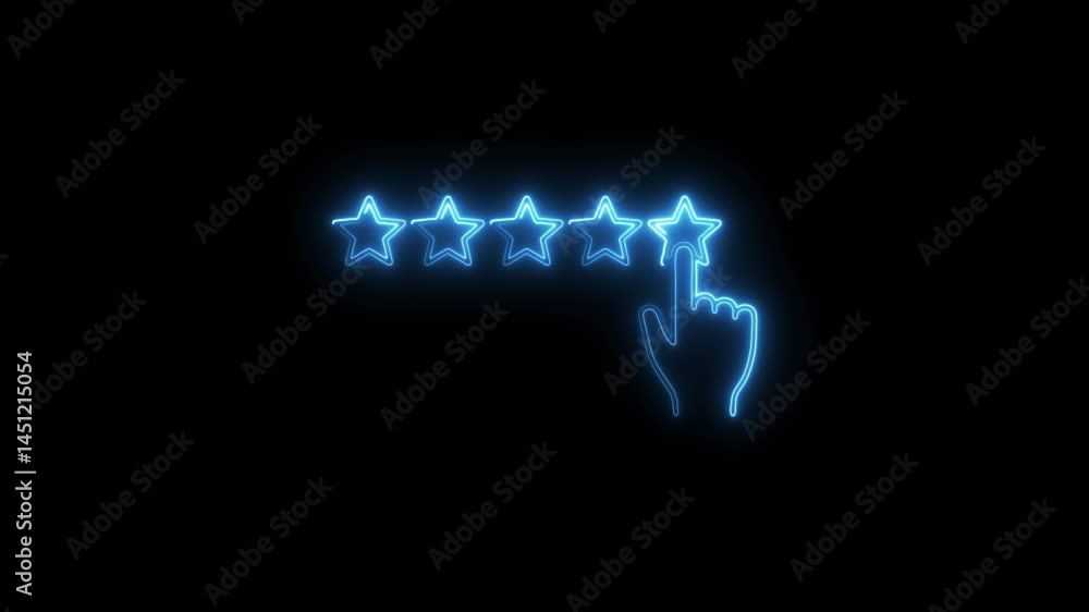 Poster Neon style five star rating animation with hand cursor on black background