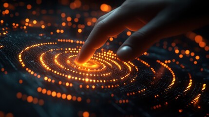 Interactive Data Interface: Finger Engages with Holographic Touchpoint System