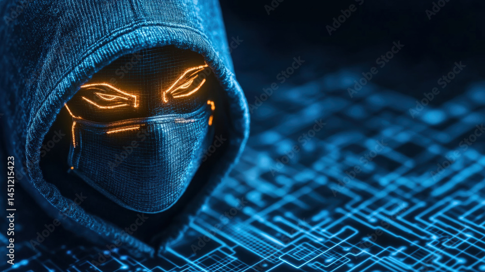 Poster mysterious hooded figure with glowing eyes symbolizes concept of cybersecurity threats and vulnerabi