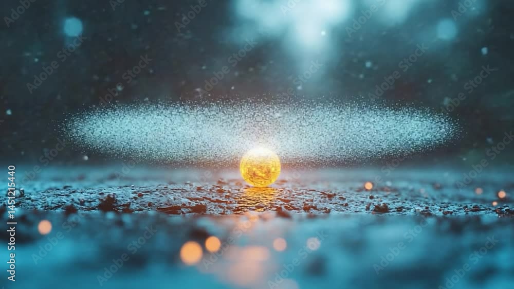 Poster glowing orb of light on textured surface with teal and orange accents in a dreamy atmospheric settin