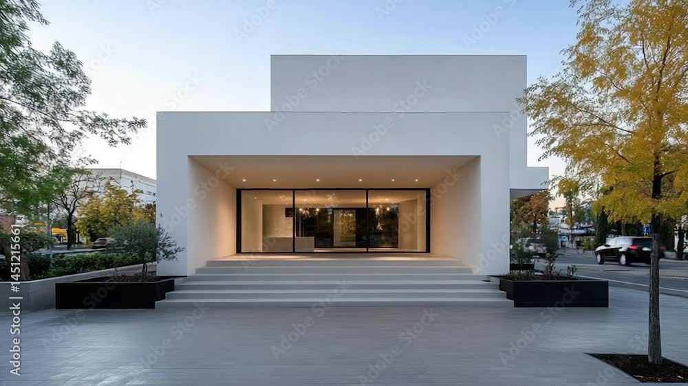 Poster Modern architectural structure featuring a white facade with a glass entrance framed by a covered porch. The building is set against a clear sky with surrounding trees and urban elements. The