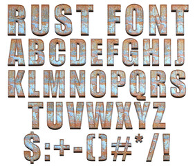 rust font with uppercase alphabet letters and signs 