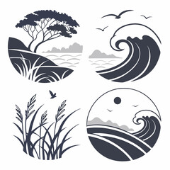 Vector Illustration Of Sea Waves Sun Tree And Grass In Circle Frames