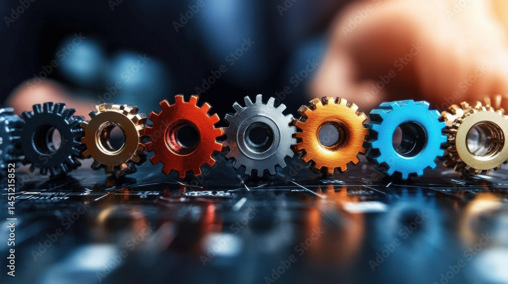 Leinwandbilder row of colorful gears in various sizes is aligned on dark surface, symbolizing teamwork and innovati