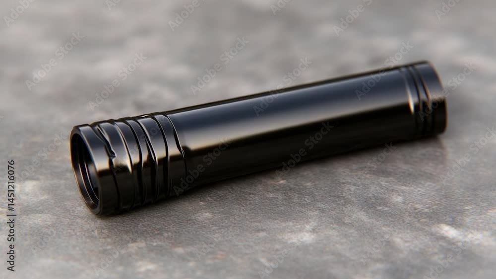Aufkleber close-up of a shiny black cylindrical object with ridged detailing on a textured gray surface highli