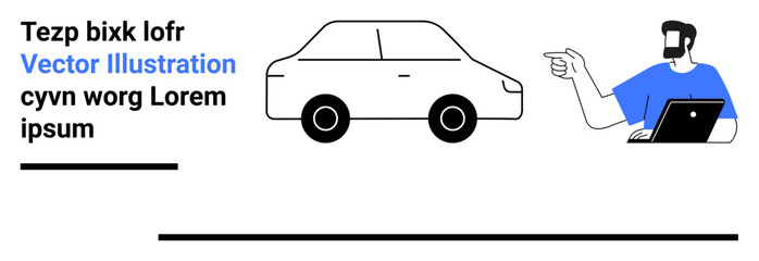 Man gestures towards a car while holding a laptop, styled in modern flat art. Ideal for technology, automotive, communication, presentation, interface, teamwork, flat landing page banner