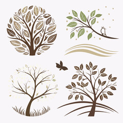 Illustrated Trees With Autumn And Winter Foliage Silhouette Birds And Water Waves