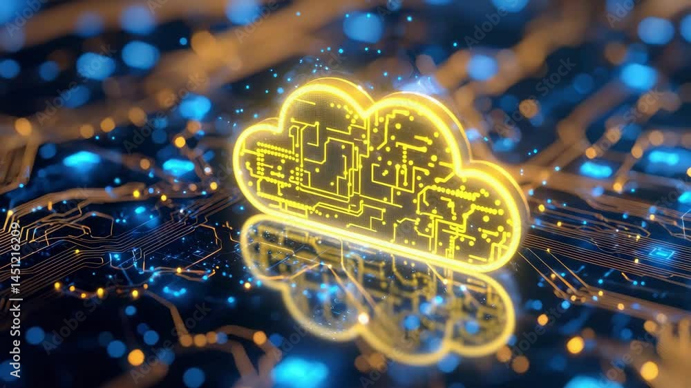 Poster cloud computing technology with glowing yellow cloud icon and digital circuit board reflection