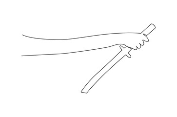 Continuous one line drawing of Hand holding sword. Single line drawing illustration of Holds a sword. Sword concept vector art. Doodle line illustration.