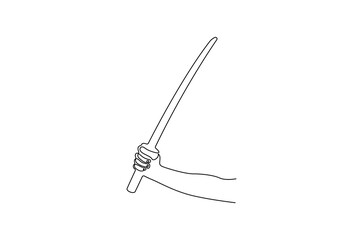 Continuous one line drawing of Hand holding sword. Single line drawing illustration of Holds a sword. Sword concept vector art. Doodle line illustration.