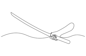Continuous one line drawing of Hand holding sword. Single line drawing illustration of Holds a sword. Sword concept vector art. Doodle line illustration.
