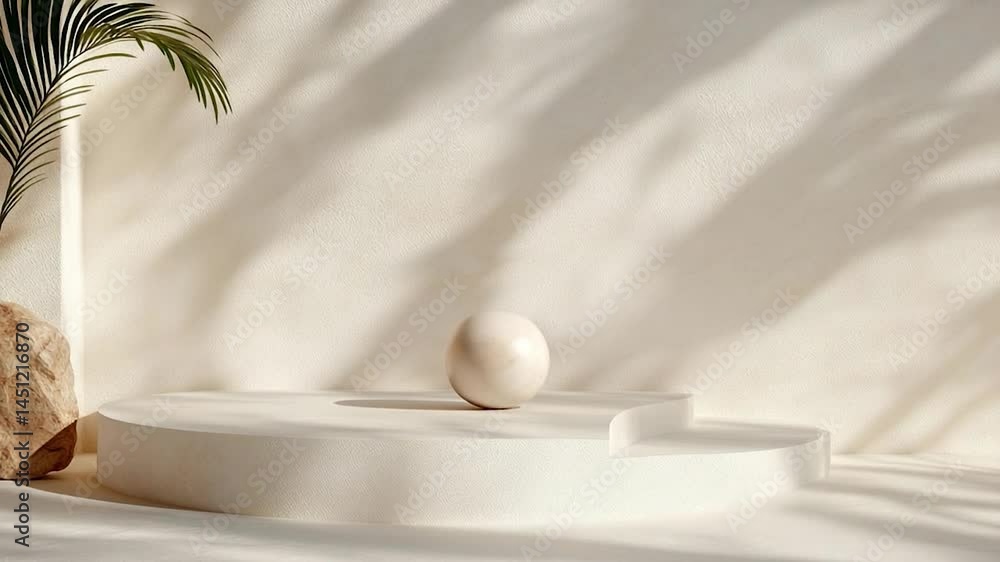 Aufkleber minimalist presentation backdrop features a white sphere on a round pedestal and steps with soft sha