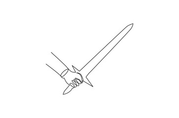Continuous one line drawing of Hand holding sword. Single line drawing illustration of Holds a sword. Sword concept vector art. Doodle line illustration.